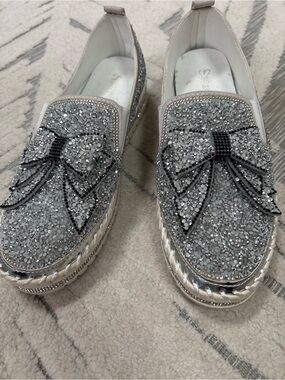 Silver Crystal Bow Slip-On Loafers - Women's Glitter Flats